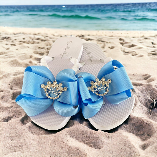 White & Blue Rhinestone Crown Tiara Bow Flip Flops - choose your colors