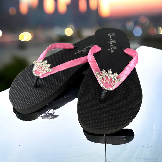 Hot Pink Satin Crown Flip Flops, Rhinestone Princess Tiara Bling, Black or White