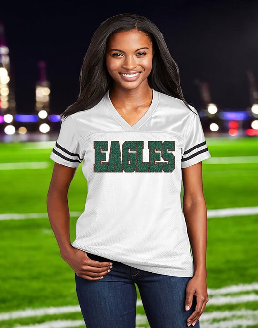 Philadelphia Eagles Glitter Women’s Jersey Football Shirt, Philly, White with Emerald Green & Black Sparkles