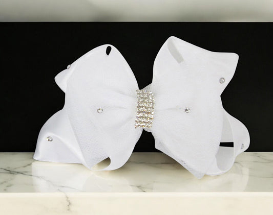 White Crystal Rhinestone Tulle Hair Bow Clip for Girls