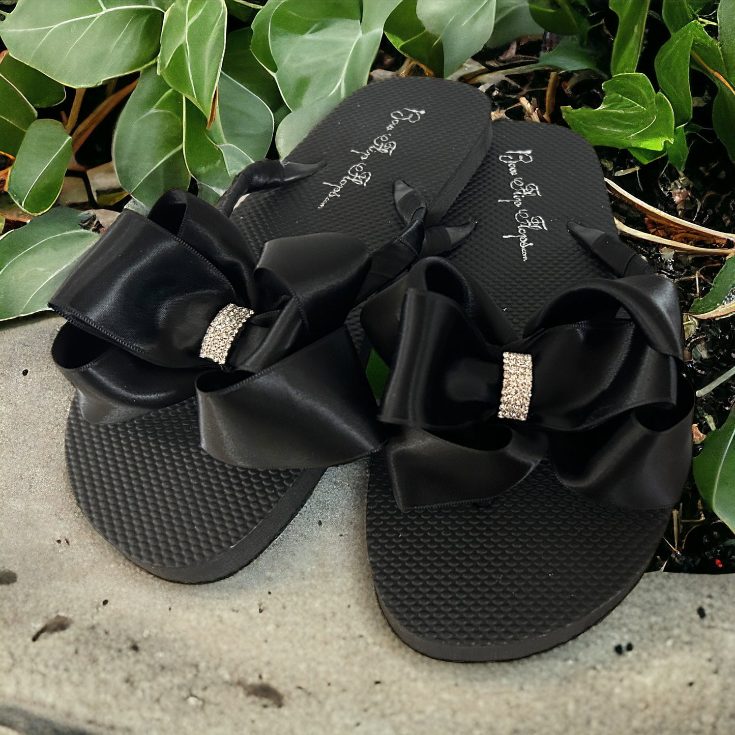 Black Satin Bow Flip Flops with Emerald Cut Rhinestone Embellishment, Customize Yours