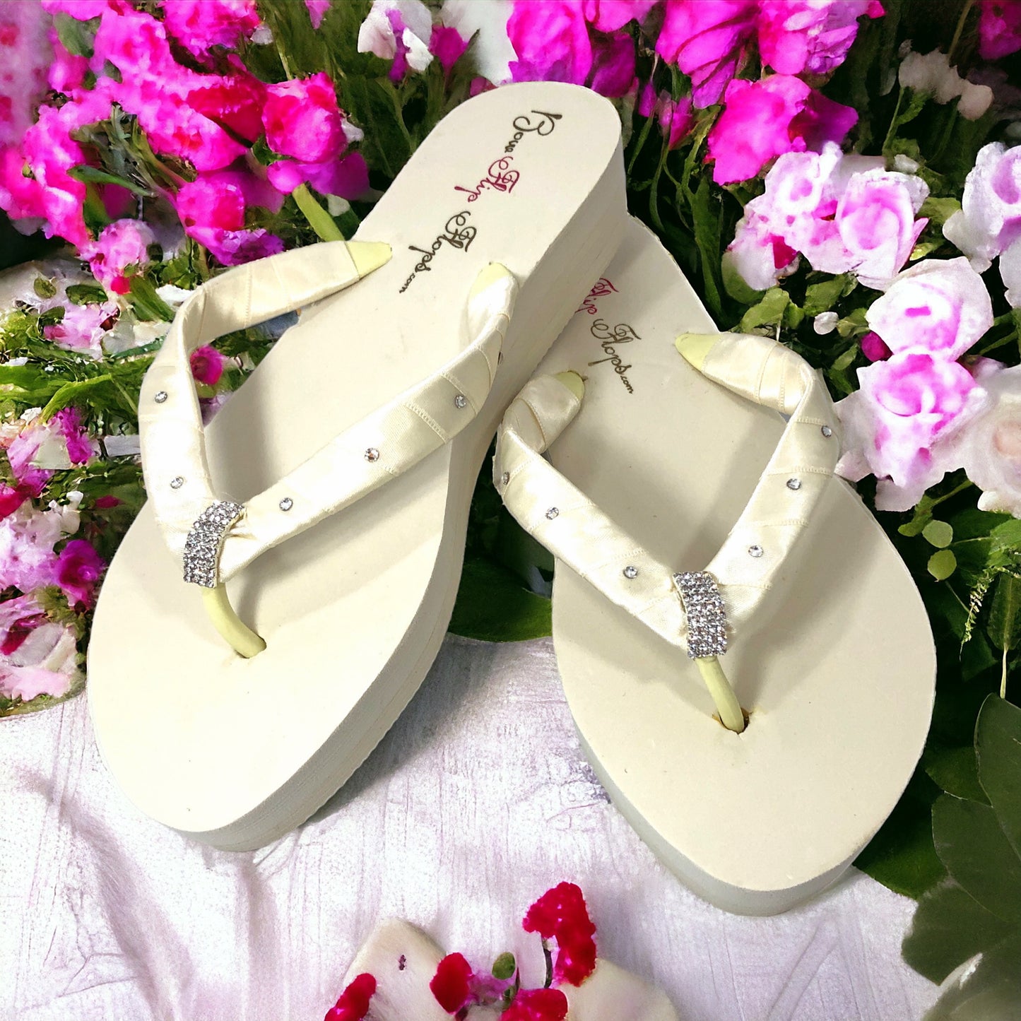 Rhinestone Embellishment Flip Flops with Crystal Accents on Satin Straps - Customized