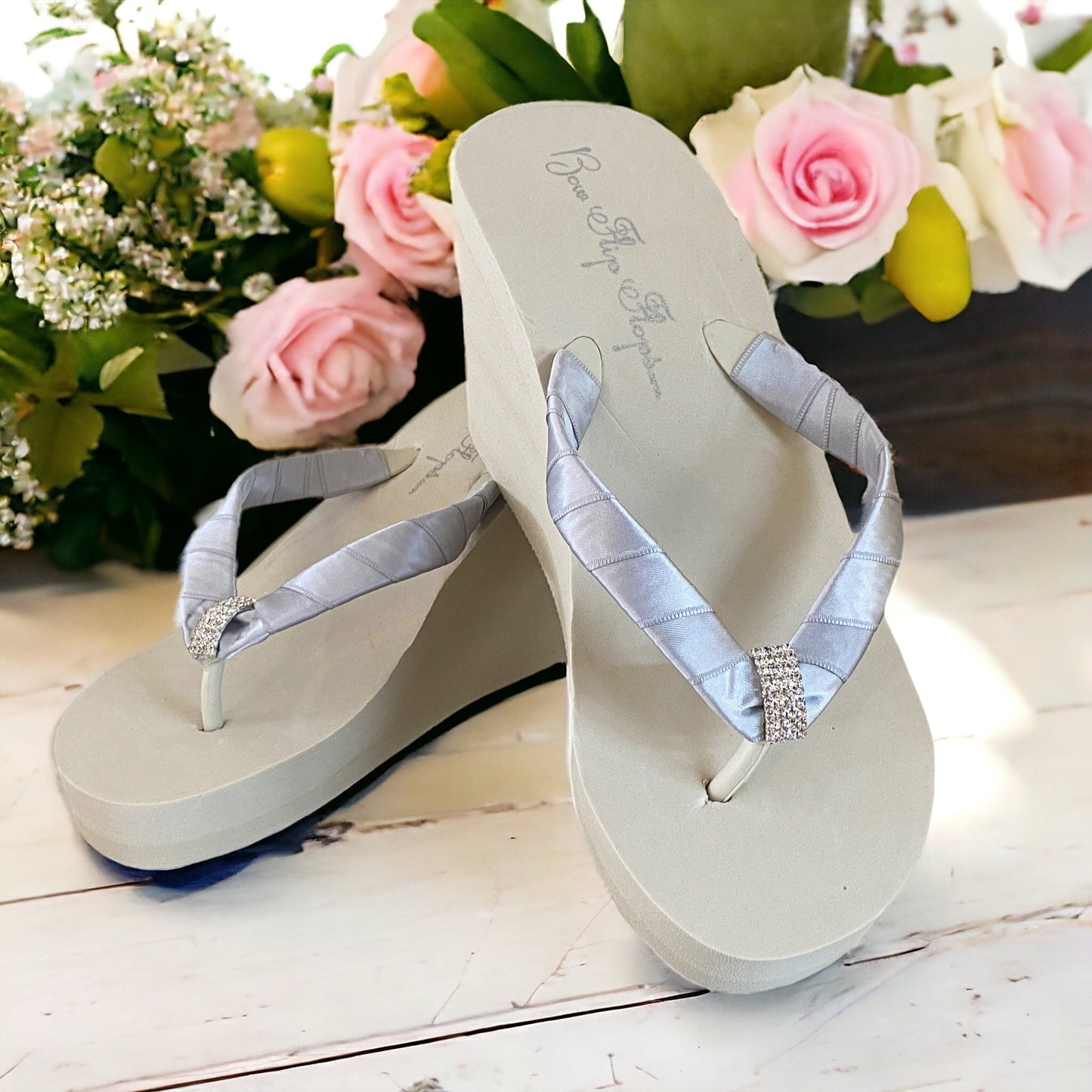 Silver & Ivory High 3.5 Inch Wedge Flip Flops - Customize