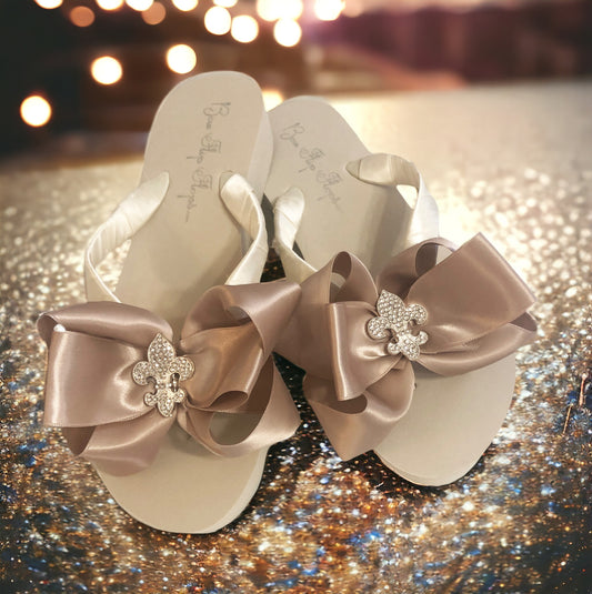 Champagne Satin & Rhinestone Bow Flip Flops, Fleur de Lis Embellishment Centerpiece, Bridal Sandals
