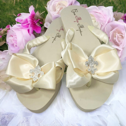 Fleur de Lis Rhinestone Bow Ivory 1.25" Heel Flip Flop Sandals, Choose Heel & Colors