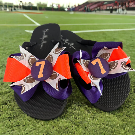 Football Glitter Bow Flip Flops, Match Team School Colors for Girls and Moms Ladies