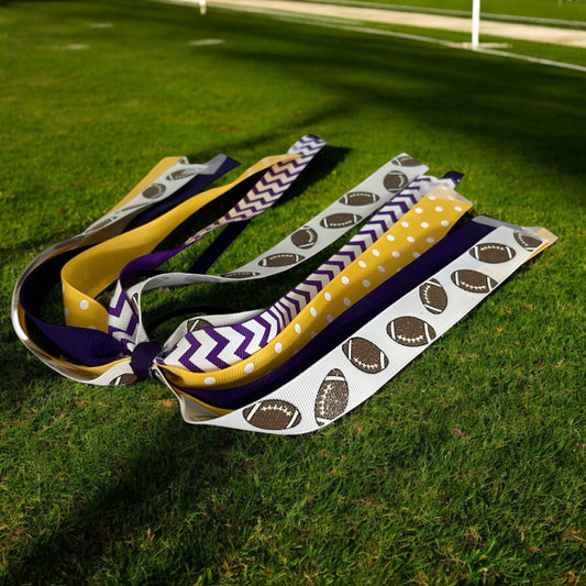 Customizable Glitter Football Ribbon Ponytail Hair Bow, Purple & Yellow Gold or Match Team Colors
