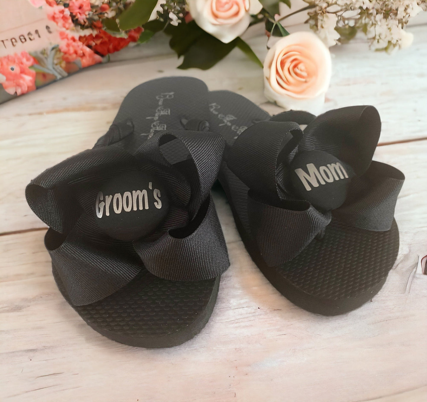 White Bow Groom's Mom Flip Flops with Gray