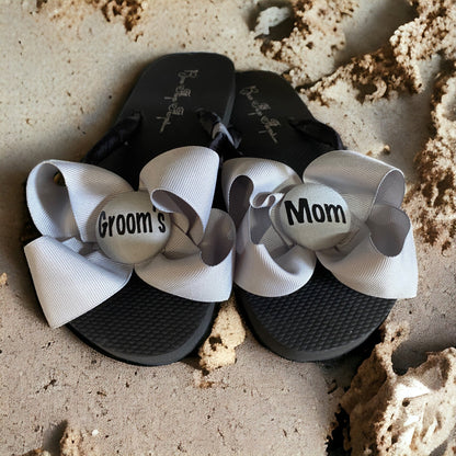 White Bow Groom's Mom Flip Flops with Gray