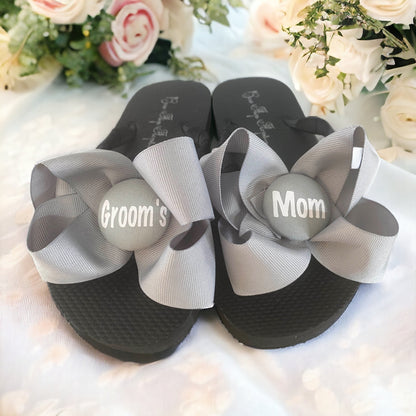 Black & Gold Bride's Mom Bow Flip Flops