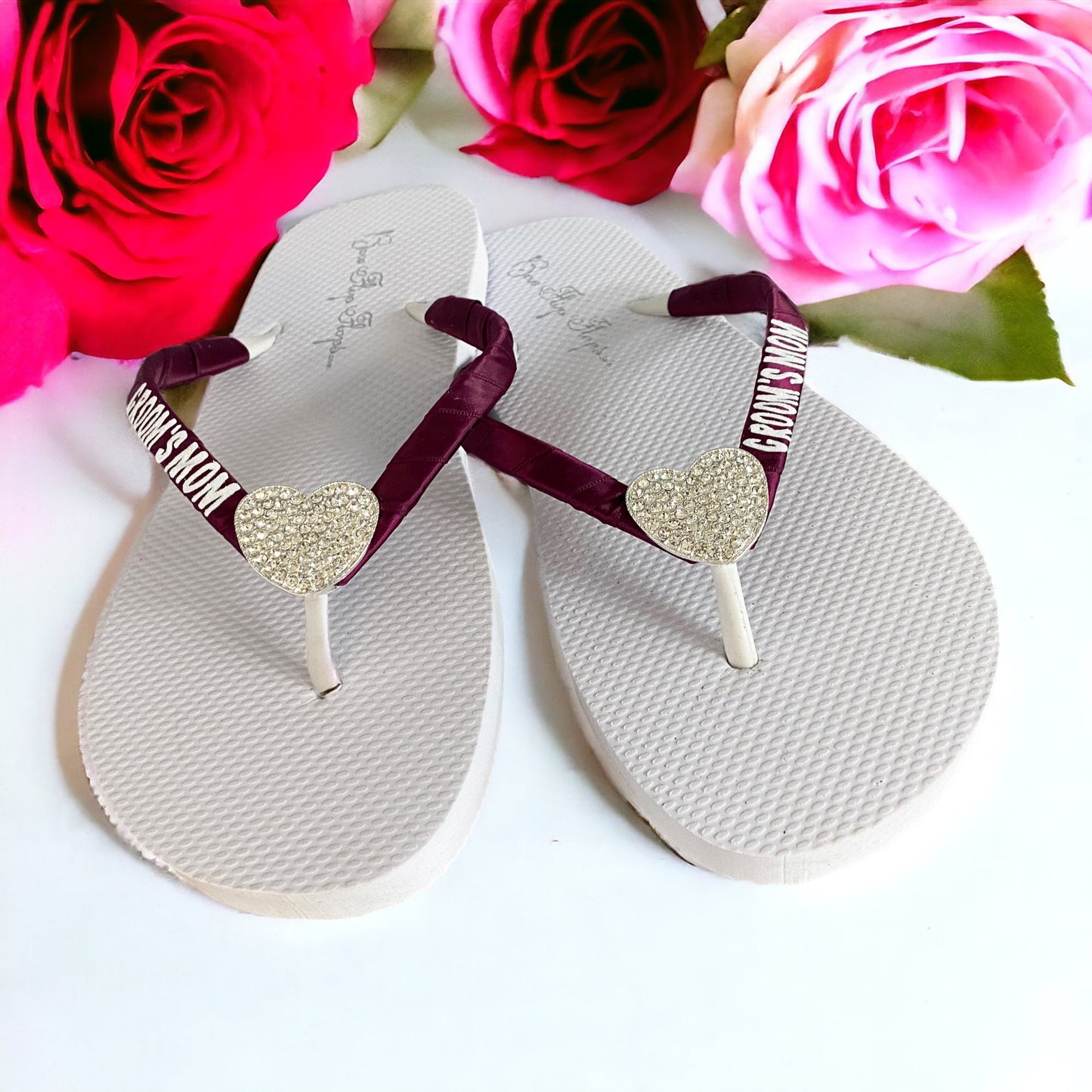 Bride's Mom Glitter Wedding Title Flip Flops with Rhinestone Embellishment