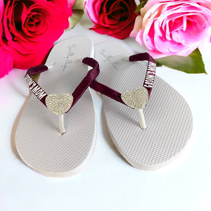 Bride Rhinestone Heart Bling Flip Flops on Ivory 2 Inch Wedge Heel, Customize Yours