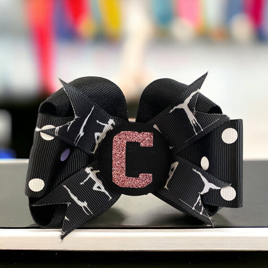 Gymnastics Ribbon Hair Bow in Black & Pink Personalized Glitter or Choose Team Colors