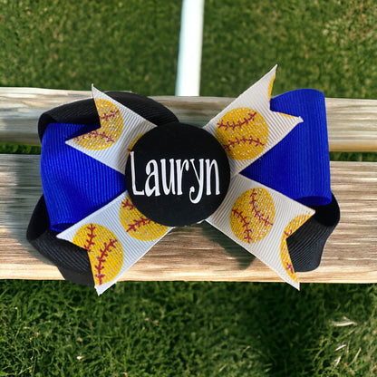 Softball Personalized Name Hair Bow - Electric Blue Black White - Choose your own colors