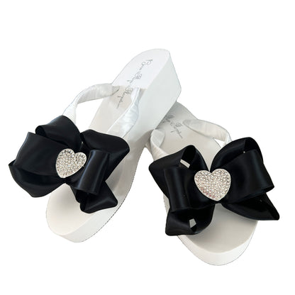 Black Satin Bow Flip Flops with Emerald Cut Rhinestone Embellishment, Customize Yours