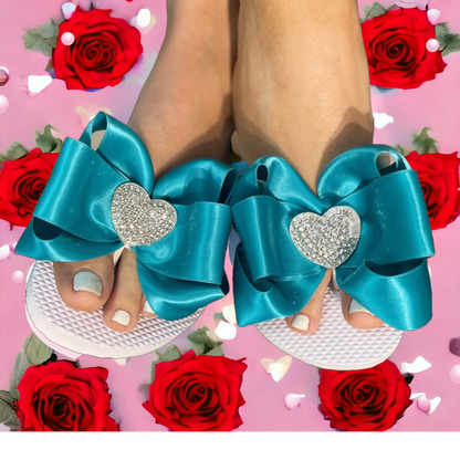 Black Satin Bow Flip Flops with Emerald Cut Rhinestone Embellishment, Customize Yours