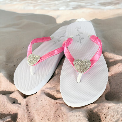 Hot Pink Satin Ribbon Heart Rhinestone Flat Flip Flop Sandals, Customizable Wedding