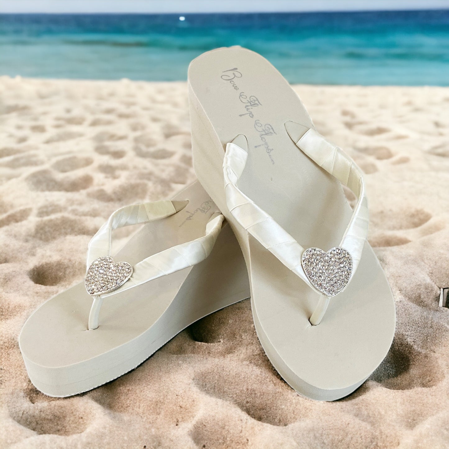 Ivory 3.5 Inch Heel Rhinestone Heart  Flip Flops + many heel and color options!