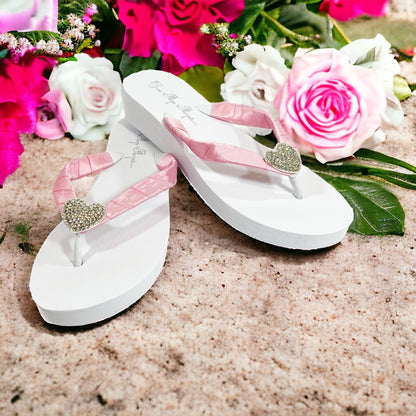 Vintage Flower Rhinestone Embellishment Flip Flops with White 2 Inch Heel