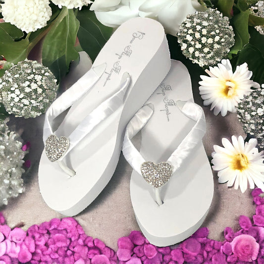Rhinestone Heart Flip Flop sandals - White 2 inch heel with Bling, customize yours