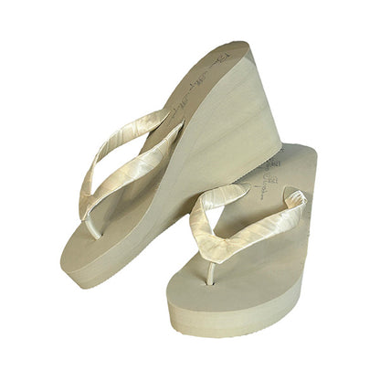 White & Champagne Bride Bow Flip Flops on 2 Inch Heel - Customize Your Colors & Height