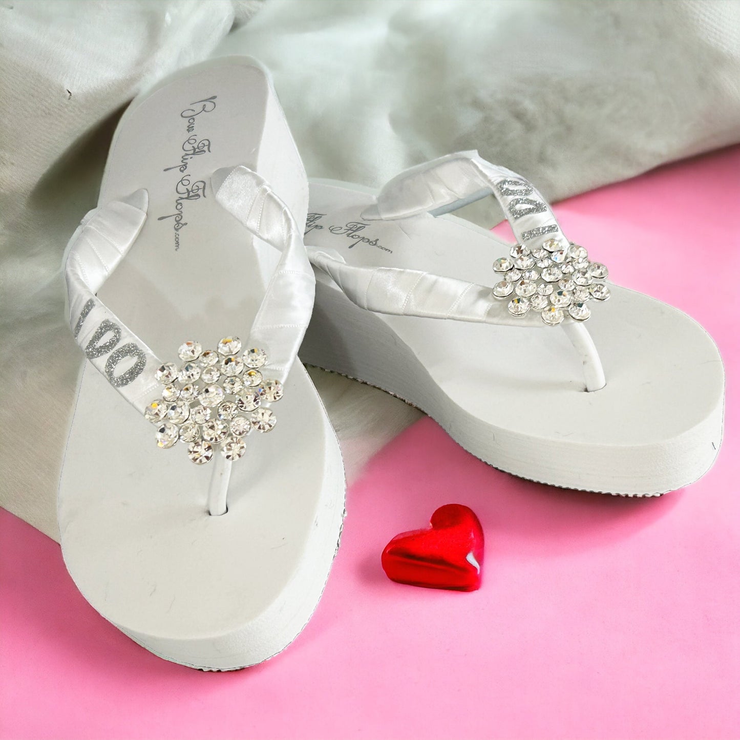 Bride's Mom Glitter Wedding Title Flip Flops with Rhinestone Embellishment