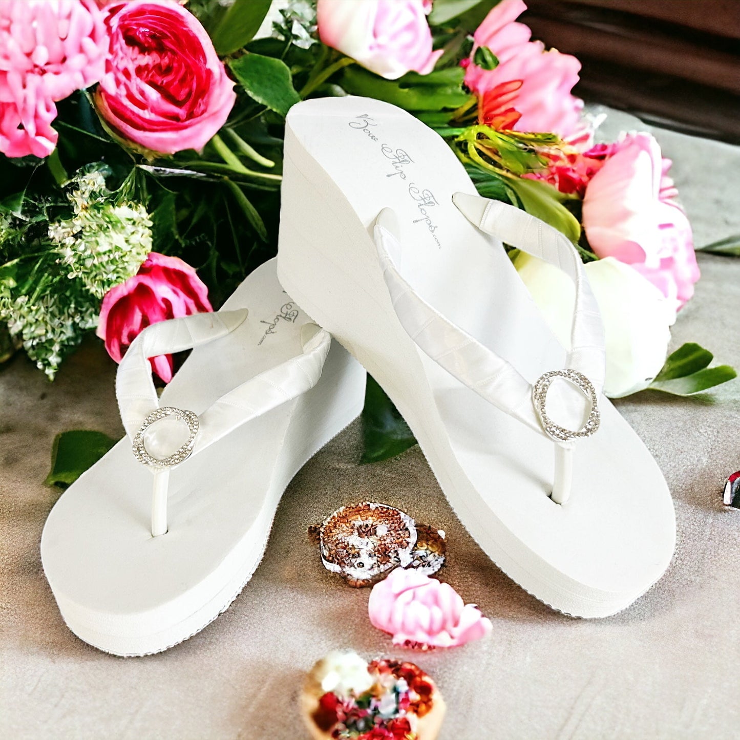 White High 3.5 Inch Wedge Flip Flops with Large Rhinestone Jewel Centerpiece