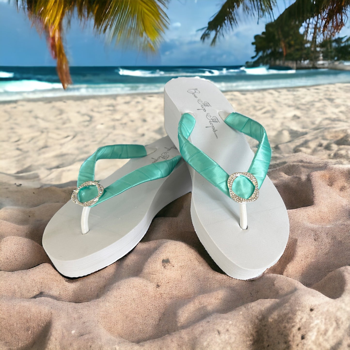 Tropic Teal & Rhinestone Infinity Flip Flop Sandals, Beach or Destination