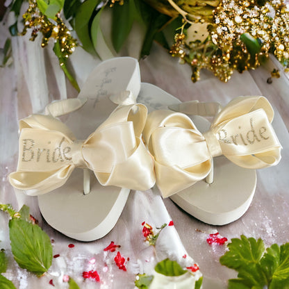 Silver Glittery Bride Bow Flip Flops - Customizable Colors & Heel Height