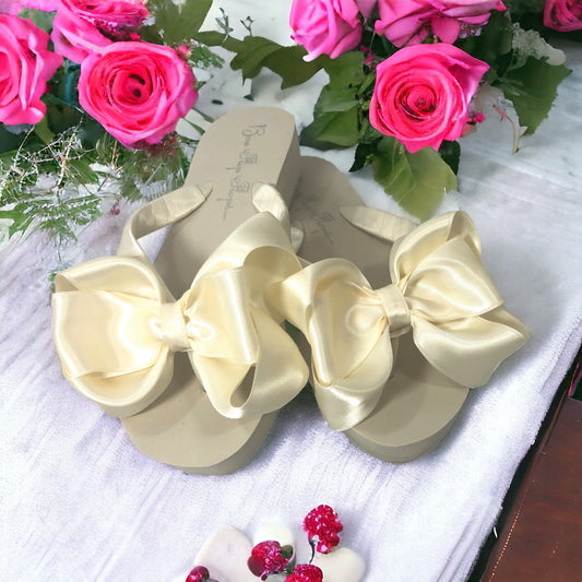Ivory Satin Bow Flip Flops, Customize Your Colors & Heel Height