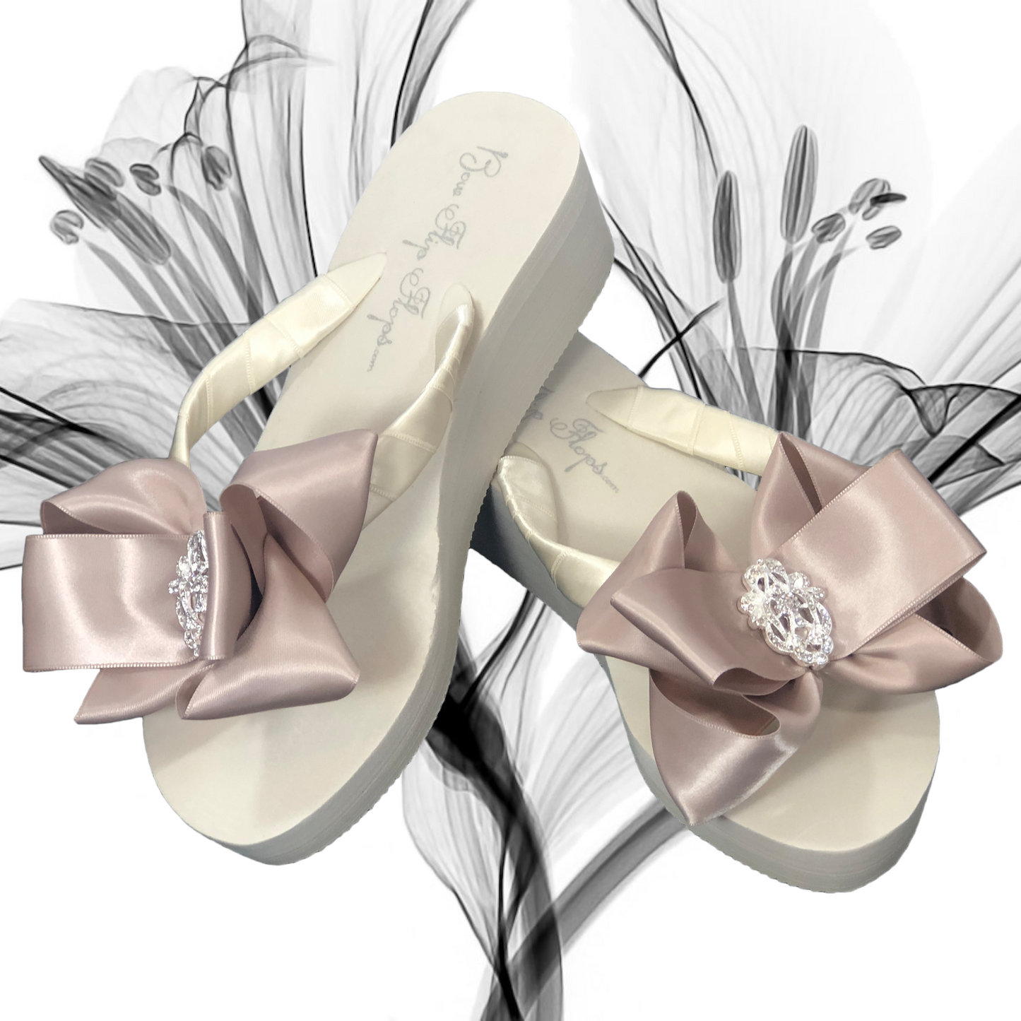 White Flat Flip Flops with Fleur de Lis Rhinestone Embellishment, Choose heel & Colors