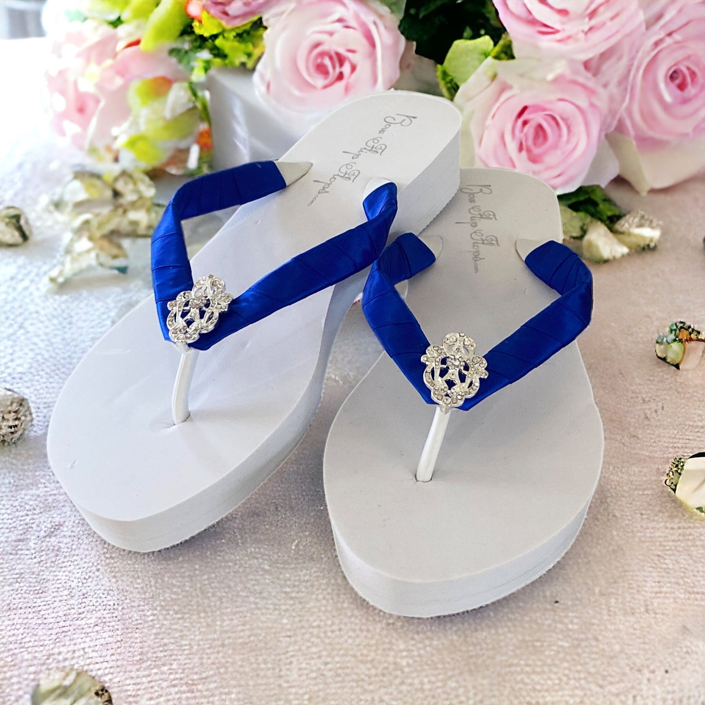 Fleur de Lis Rhinestone Flip Flops in Wedge or Flat, ivory & White