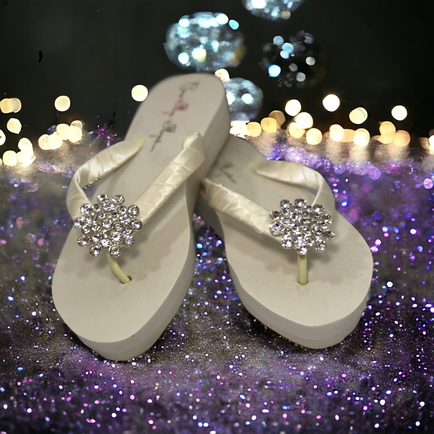 Fleur de Lis Rhinestone Flip Flops in Wedge or Flat, ivory & White