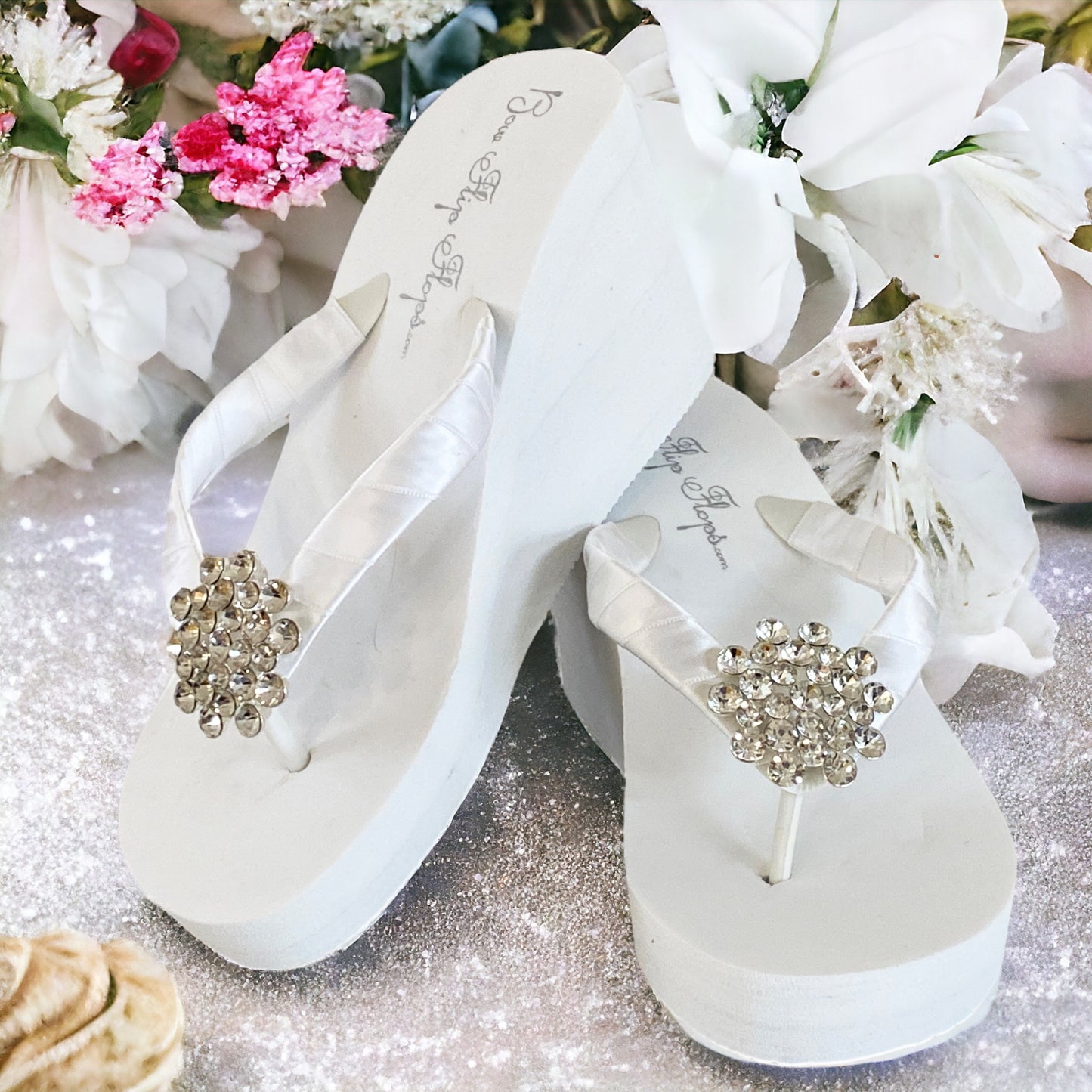 White High 3.5 Inch Wedge Flip Flops with Large Rhinestone Jewel Centerpiece