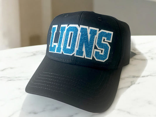 Lions Glitter Hat, Women's Cap for Detroit Football, Black Blue White Adjustable