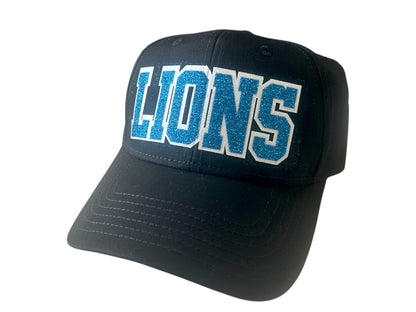 Lions Glitter Hat, Women's Cap for Detroit Football, Black Blue White Adjustable