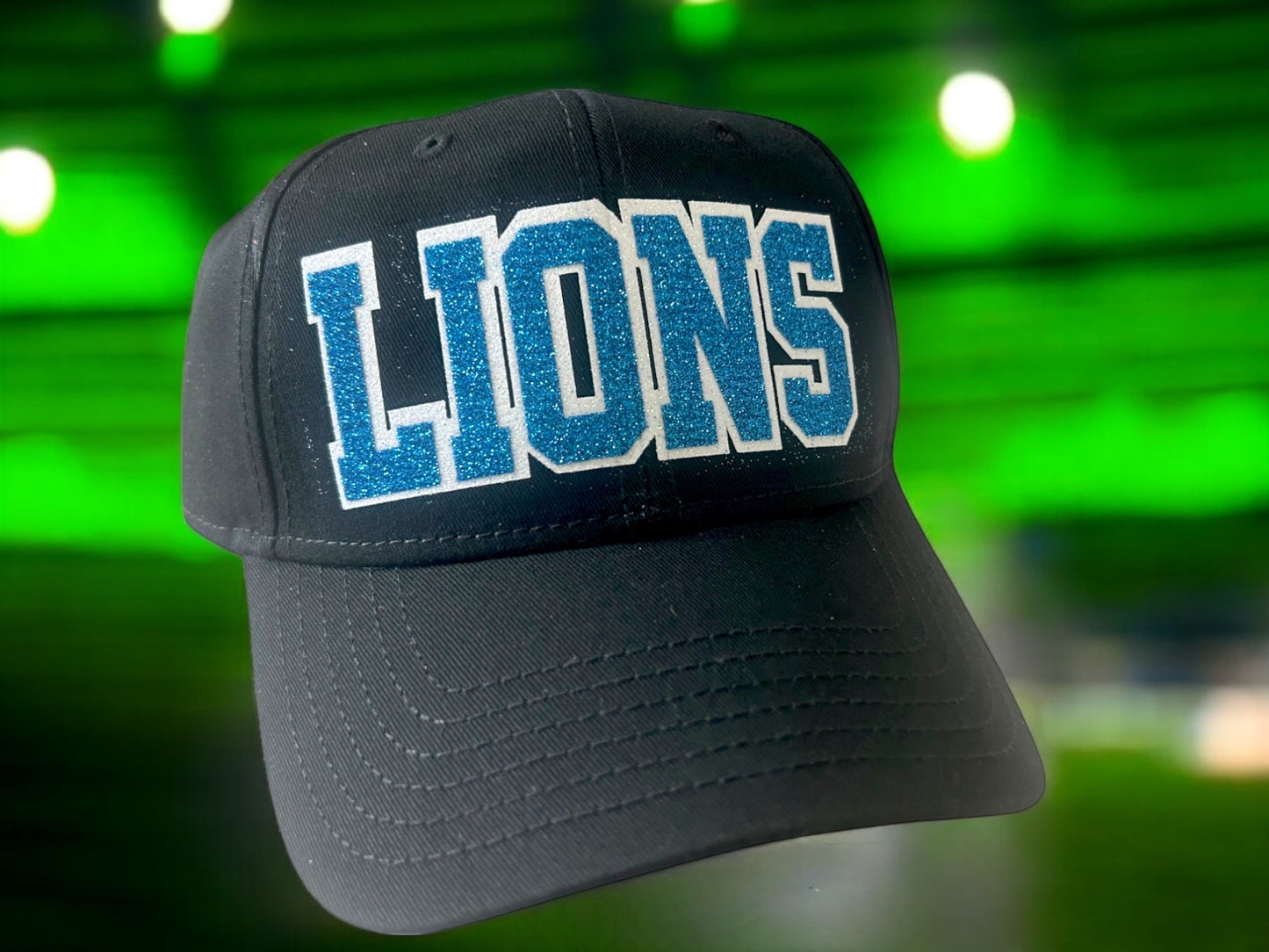 Lions Glitter Hat, Women's Cap for Detroit Football, Black Blue White Adjustable