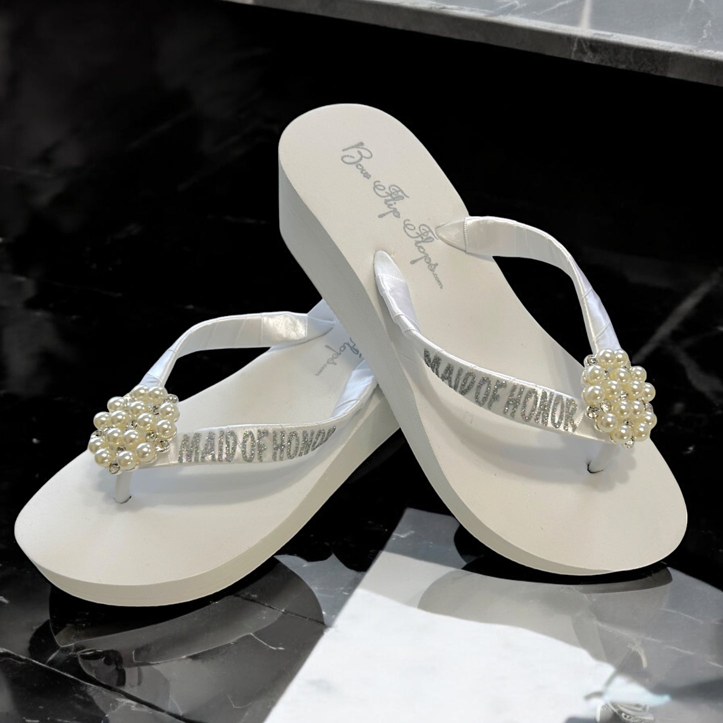 Maid of Honor Pearl Rhinestone Flip Flops with Silver Glitter on White 2 Inch Wedge Heel - Customize Yours