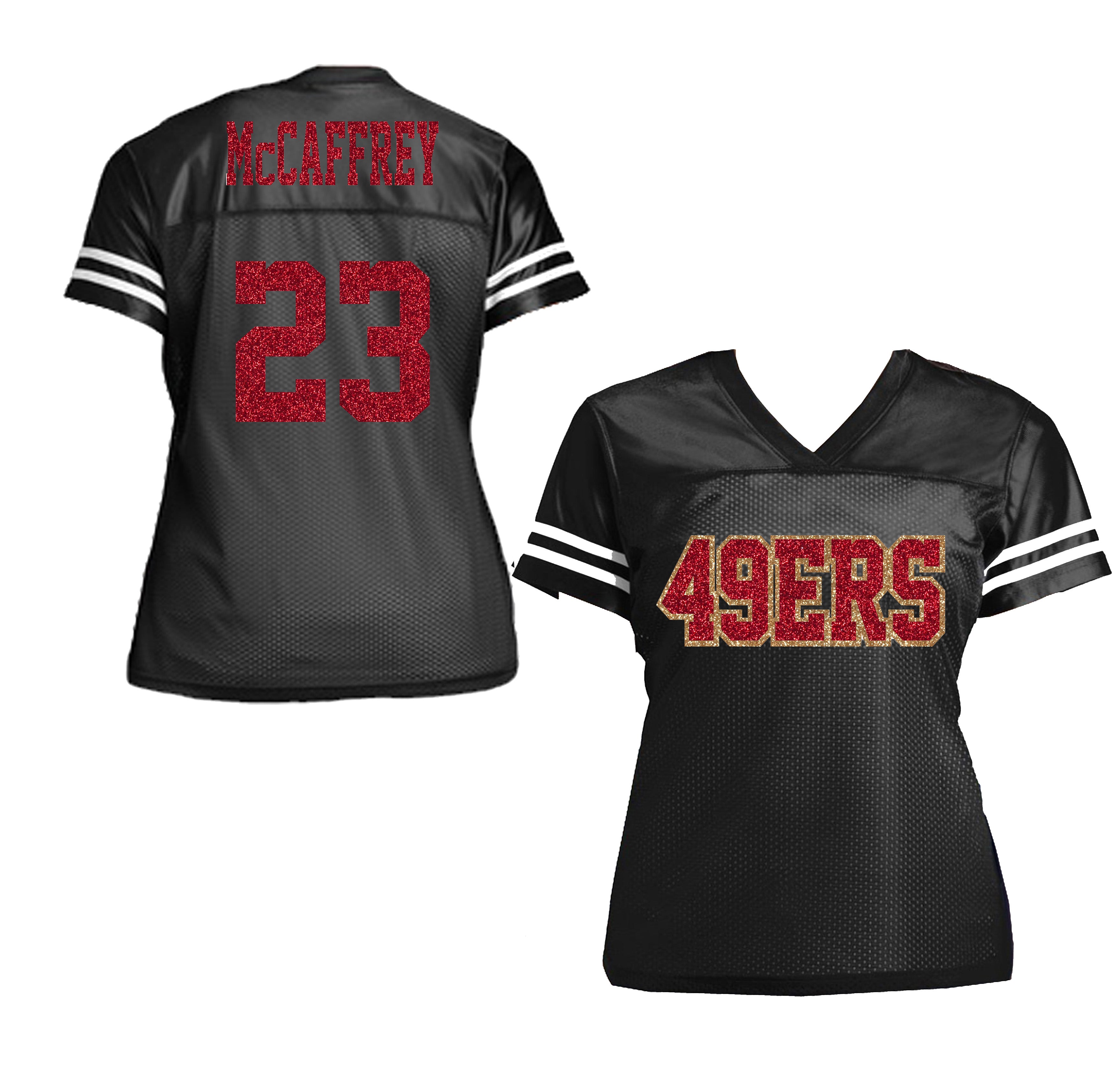 Black Jersey McCaffrey 49ers Glitter Jersey for Women San Francisco Football Shirt Red Gold