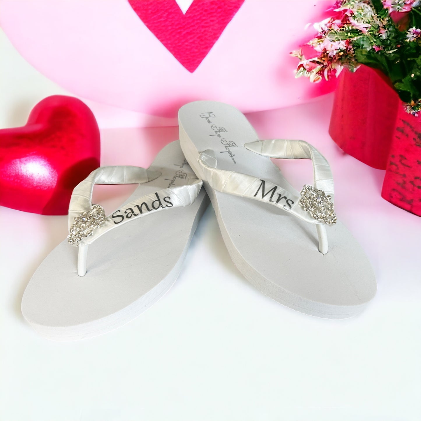 Heart Rhinestone Embellishment Bride Mrs Flip Flops in High Wedge 3.5", Choose Heel Height & Colors