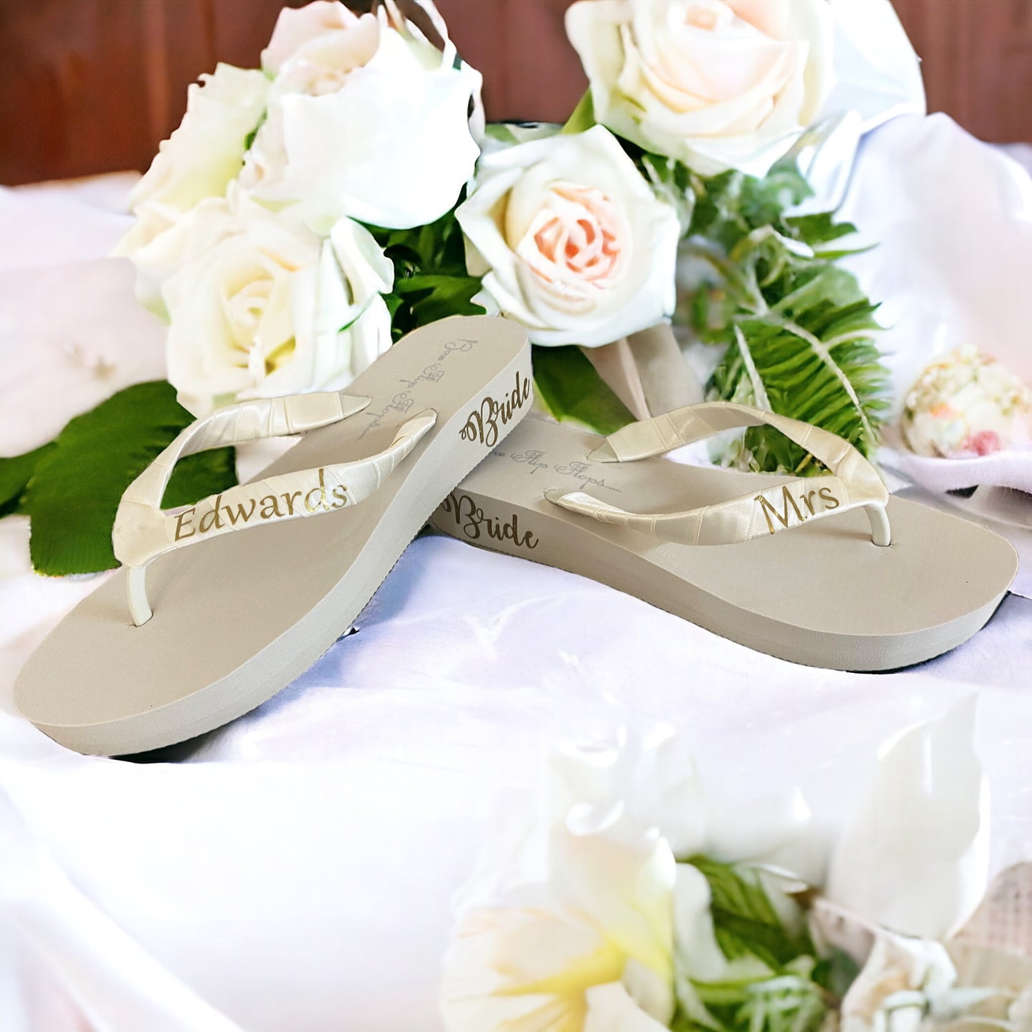 Purple 2 Inch Bride Flip Flops, White Mrs Last Name Satin Straps, Choose Height