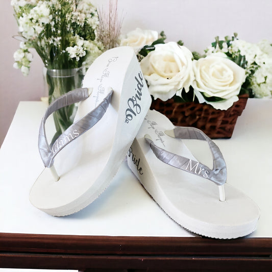 Silver Wedding Flip Flops with Script Bride and Personalized Satin Straps