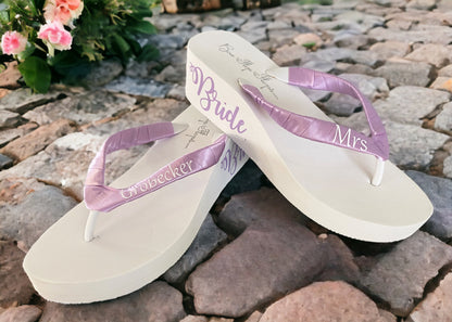 Purple 2 Inch Bride Flip Flops, White Mrs Last Name Satin Straps, Choose Height