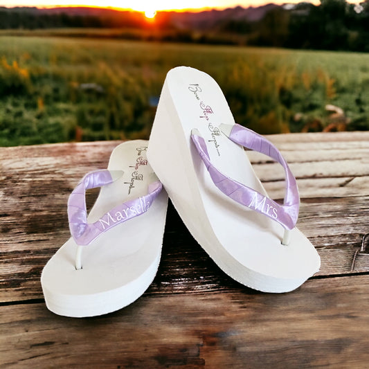 Lavender Satin Wedding Flip Flops with Personalized Name on the Straps