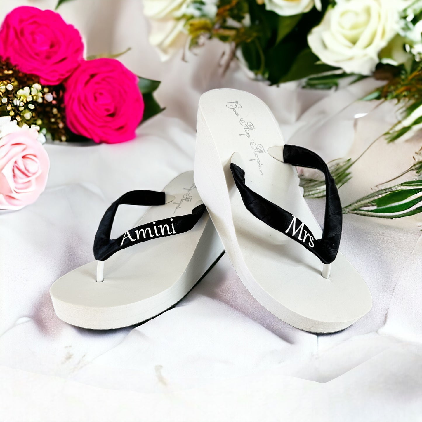 Wine Red Bride Flip Flops with Customizations, Personalize