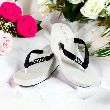 Mrs Wedding Flip Flops, High 3.5 Inch Wedge Heel or Choose Height