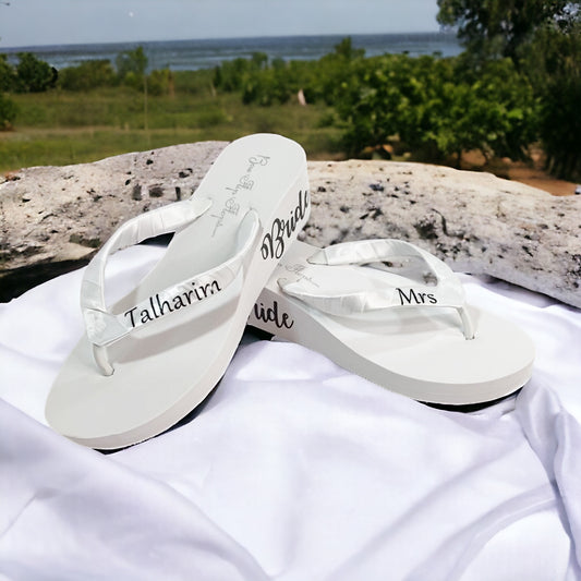 Mrs Bride on Side of Wedge Flip Flops, Customized Colors