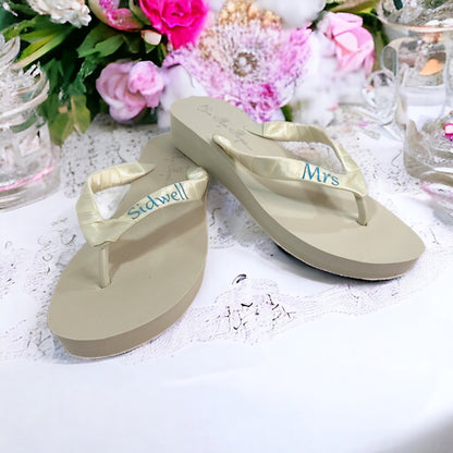 Island Blue Beach Wedding Flip Flops with Customized Name, Ivory or White