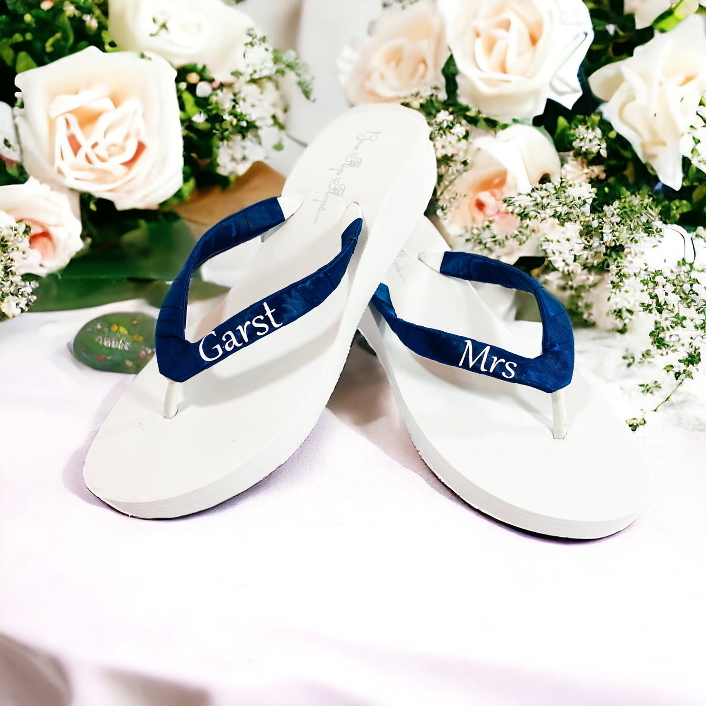 Island Blue Beach Wedding Flip Flops with Customized Name, Ivory or White