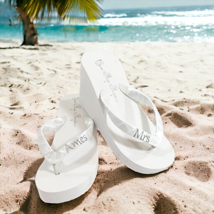 Island Blue Beach Wedding Flip Flops with Customized Name, Ivory or White